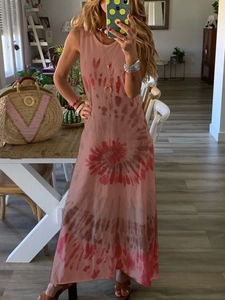 Detail of pink and brown tie-dye sleeveless bohemian maxi dress with crew neck