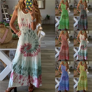 Women Sleeveless Tie-Dye Maxi Dress Round Neck Summer Beach Casual Bohemian Polyester Spandex Long Tank Dress Sundress