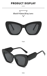 Detailansicht der Cat-Eye-Sonnenbrille mit schwarzem Rahmen und grauen Gläsern