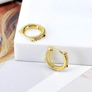 S925 sterling silver gold plated hoop earrings with geometric rivets and sparkling crystals