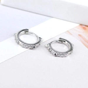 Silver geometric hoop earrings with spiked studs and zircon inlay for women