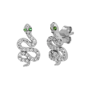 Retro s925 silver snake stud earrings with pavé crystals and green gem eyes on white base