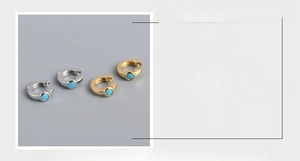 Detailed specs of S925 sterling silver huggie earrings with turquoise stones and dimensions