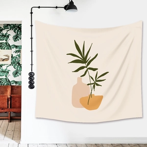 Minimalist bohemian tapestry with botanical plant illustration on white wall decoration