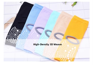 Detail of colorful non-slip yoga socks with silicone grips on white mesh background