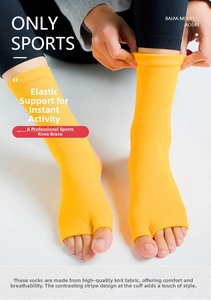 Detail of yellow knit yoga socks showing the open toe design and ankle coverage