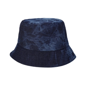 Detailed close-up of dark blue tie-dye denim bucket hat with reinforced brim stitching