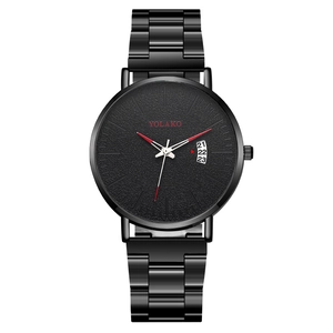 Black quartz watch for men with mesh band featuring calendar display and red hands