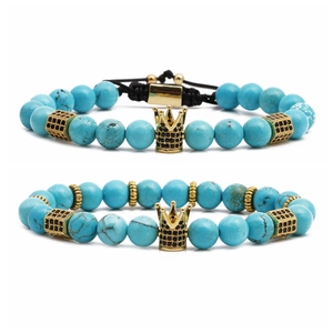 Tiger eye and turquoise beaded bracelet set with golden crown charms for men and women