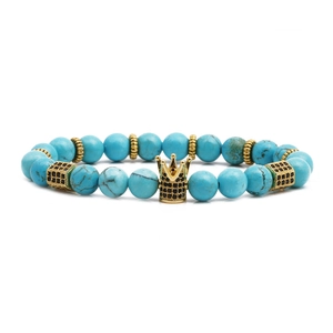 Blue turquoise bead bracelet set with golden crown charm and black micro-inlaid zircon