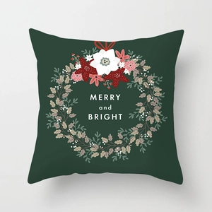 Merry and Bright dark green Christmas pillow case with floral wreath for sofa decor