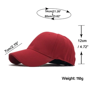 Size guide for red baseball cap showing head circumference, brim length, and depth