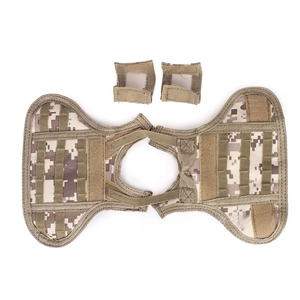Close-up of tactical mini beverage vest in desert digital camo with adjustable straps