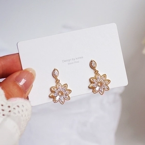 Elegant gold flower drop earrings with micro-inlaid cubic zirconia and silver posts
