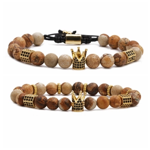 Set de bracelets en jaspe carte pour hommes avec couronne dorée et cordon ajustable