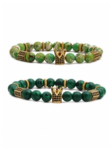 Beaded crown bracelet set with green turquoise, malachite textures and golden metal accents
