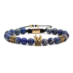 Tiger eye imperial stone braided bracelet with blue marble beads and golden crown charm