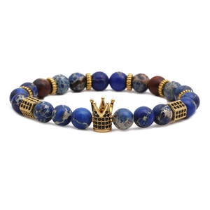 Crown Beaded Bracelet Natural Tiger Eye Stone Imperial Jasper Zirconia Copper Handmade Braided Elastic Jewelry Men Women