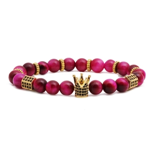 Handmade tiger eye beaded bracelet set with gold crown charm and black zircons