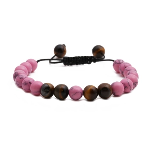 Adjustable woven bracelet with pink turquoise and tiger eye stone beads for couples