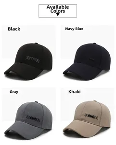 Classic cotton baseball caps in black, navy, grey, and khaki colors with side patches