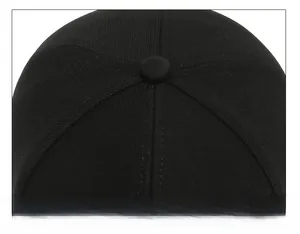 Macro view of six-panel stitched cotton crown and top button on black baseball cap