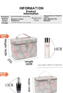 Size chart for waterproof PU leather makeup bags showing large and small dimensions