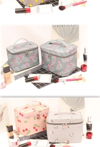 Detail of fabric cosmetic bags featuring flamingo and cherry patterns with zip closure