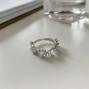 Minimalist S925 sterling silver open ring with rectangular baguette cubic zirconia inlay