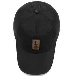 Lightweight breathable black quick-dry baseball cap with laser-cut holes and leather patch
