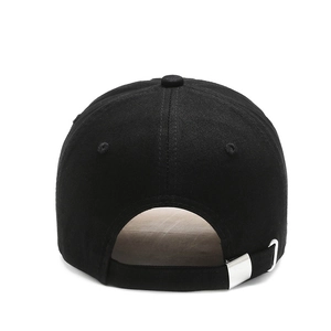 Black cotton baseball cap back view with adjustable metal buckle for outdoor sun protection