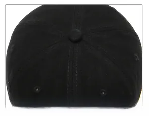 Detailed macro view of the six-panel crown stitching and top button of a black cotton cap