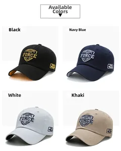 Detail view of cotton baseball caps in black, navy, white and khaki with 1985 embroidery