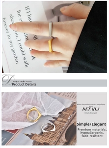 Macro details and hand modeling of gold and silver geometric rectangular open rings