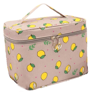 Waterproof travel toiletry bag with lemon print pattern and dual zipper closure