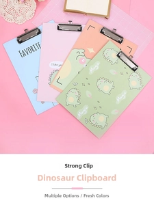 Close-up of colorful A4 clipboards with cute dinosaur designs and strong metal clips