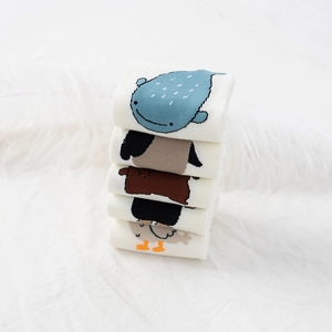 5-pack cute cartoon animal white cotton socks for women, high-quality soft breathable hosiery