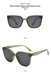 Front and side views of olive green square frame sunglasses with gray lenses
