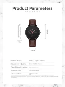 Guide des dimensions et tableau des caractéristiques pour la montre homme en cuir brun