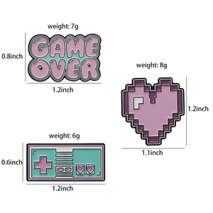 Pink pixel heart and game over enamel pins set for gamer clothing and bags