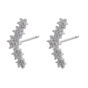 Detailed view of silver curved star cluster earrings with white cubic zirconia stones