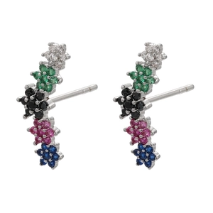 Detail of silver floral stud earrings featuring five multi-colored zircon stones in a row