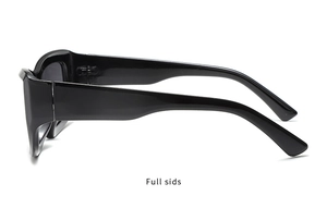 Side view of trendy thick frame sunglasses in glossy black finish with wide temple design