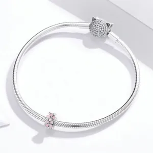 S925 sterling silver snake chain bracelet with pink flower pendant and crystal cat clasp