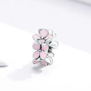 Authentic S925 sterling silver pink enamel flower charm bead for DIY charm bracelets