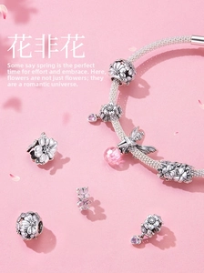 Detail of silver beaded bracelet featuring pink enamel flowers and fairy charm pendants