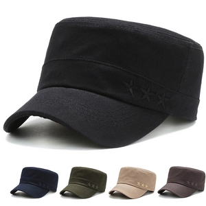 Men Vintage Pure Cotton Cadet Cap Flat Top Military Hat Star Embroidery Adjustable Sun Protection Outdoor