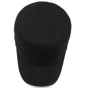 Classic black cotton cadet cap with flat top and short brim, top-down view on white background
