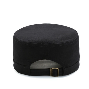 Black flat top cadet cap in twill cotton with adjustable bronze buckle on back view