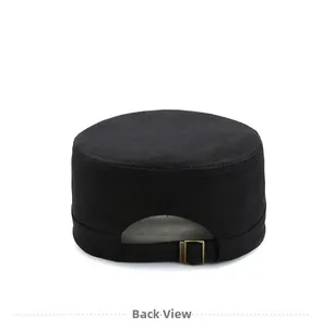 Rear view of black flat top military cap showing adjustable metal strap and cotton texture